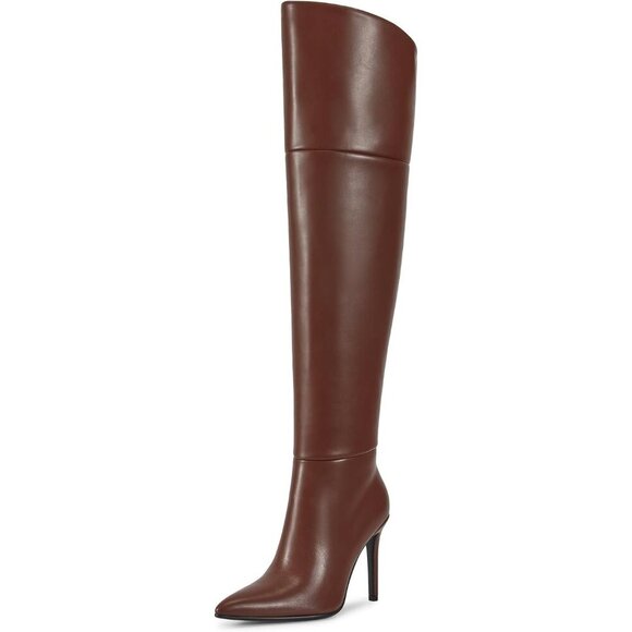 Women Brown Faux Leather Ponited Toe Zipper up Thigh High Stiletto Heel Boot - Picture 2 of 7